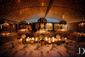 Wedding reception in marquee with fairy lights