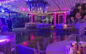 wedding venue set up with fairy lights