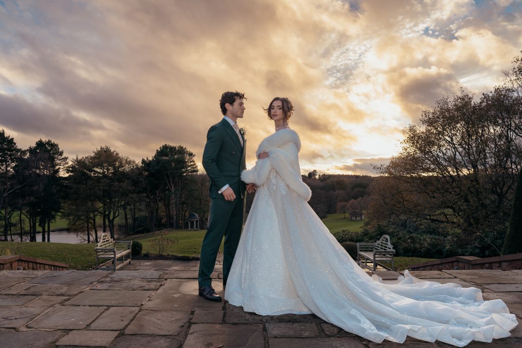 Sunset On the Delamere Manor Terrace Winter Wedding