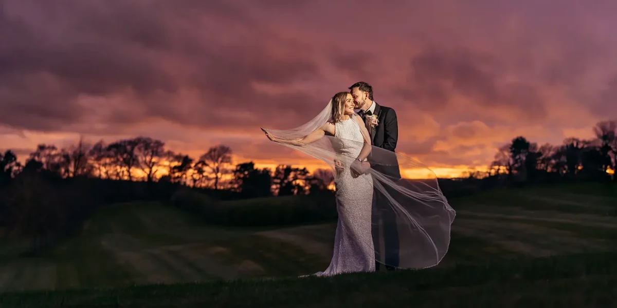Wedding Couple at Sunset at Delamere Manor
